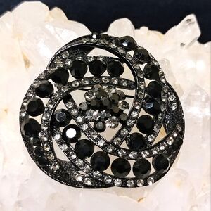 Dazzling Large Vintage Black & Clear Rhinestone Brooch Pin Signed